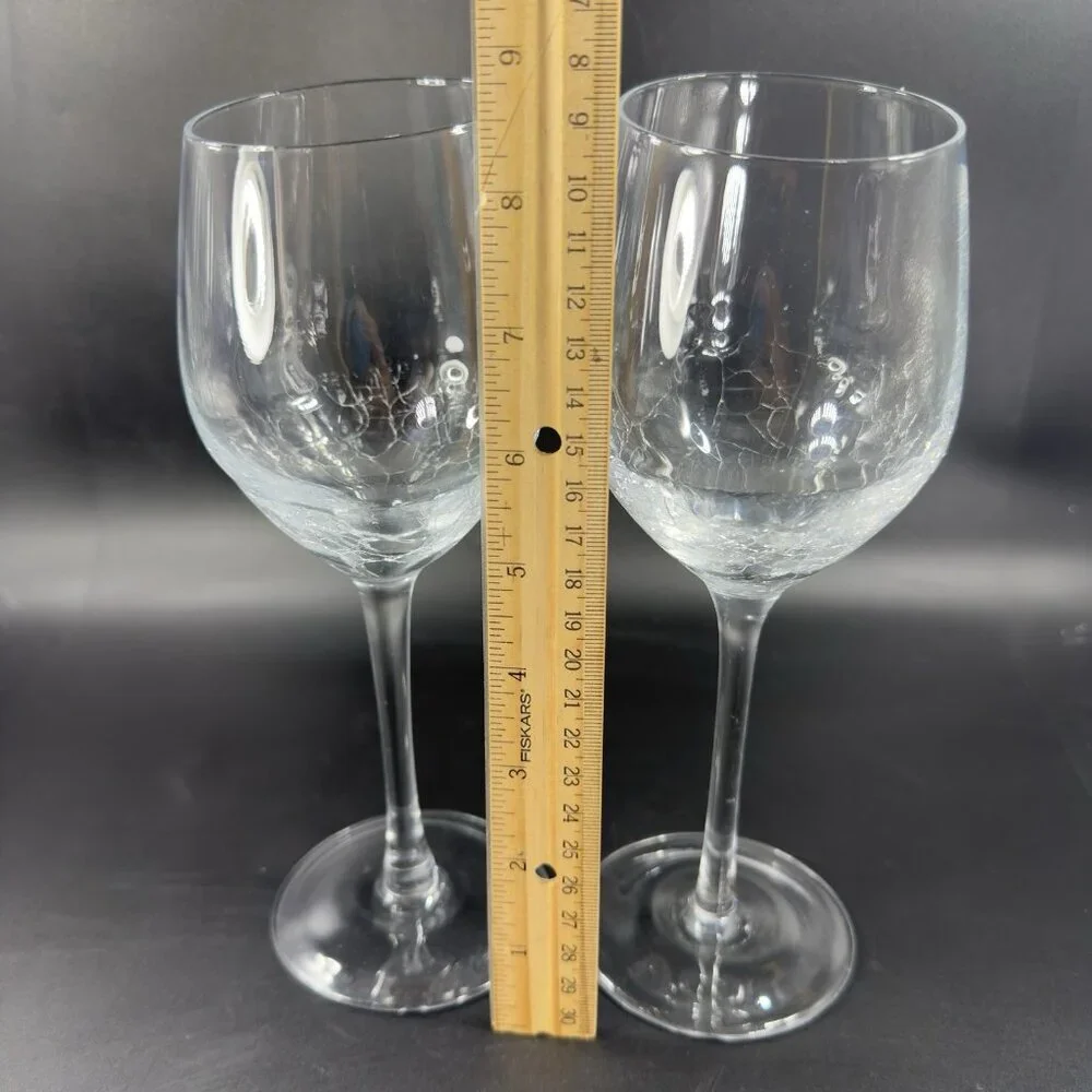 Pier 1 Clear Glass Crackle Angled Rim Goblet Drinking Glasses Cups Set 2 BarWare